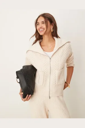 ASOS Knitted fly collar cardigan with zip and cable detail in cream - part of a set