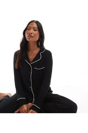ASOS ASOS DESIGN Petite super soft long sleeve shirt & pants pajama set with contrast piping in