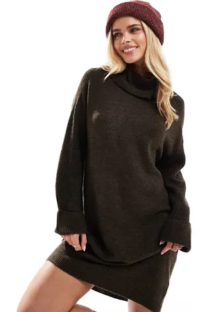 VERO MODA Knitted roll neck mini dress in chocolate