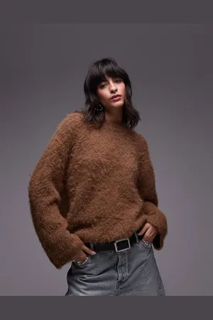 Topshop Knit ultra fluffy eyelash oversized sweater in toffee