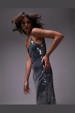 Topshop Sequin maxi slip dress in steel
