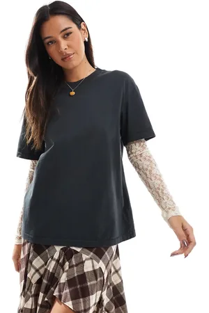 Pull&Bear Oversized tee with contrast lace sleeve in dark