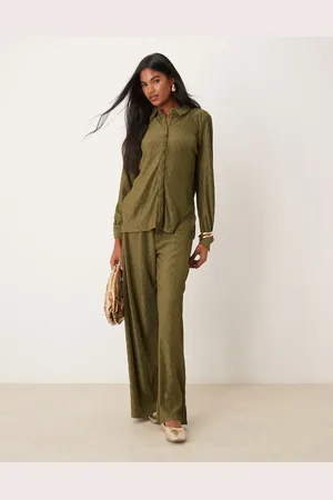 VILA Plisse wide leg pants in dark olive - part of a set