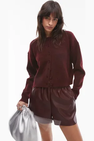 Topshop Knit ultimate micro cardigan in burgundy