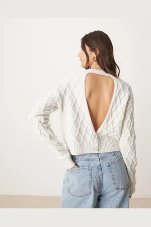 Miss Selfridge Faux pearl cable open back sweater in cream