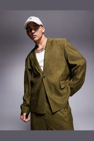ASOS Boxy suit jacket in olive crinkle texture