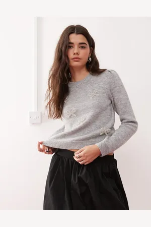 Miss Selfridge Diamante puff sleeve sweater in heather