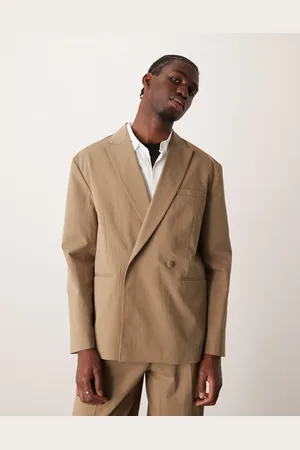 ASOS Relaxed slouchy double breasted suit jacket in khaki techy fabric