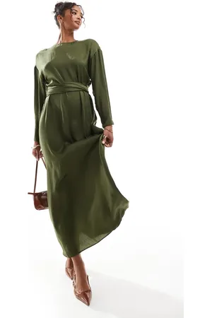 ASOS Satin long sleeved tie detail maxi dress in khaki