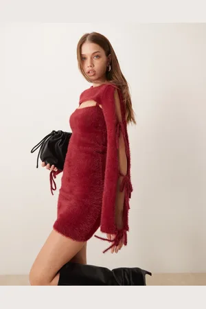 The Frolic Exclusive fluffy cut out bow tie sleeve knit mini dress in burgundy