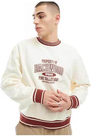 ASOS Oversized polo with collegiate print and red tipping in beige