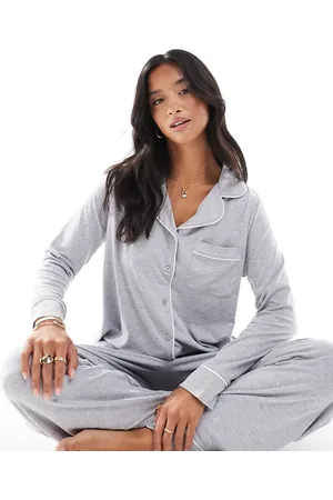 ASOS ASOS DESIGN Petite super soft long sleeve shirt & pants pajama set with contrast piping in