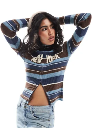 Daisy Street High neck ribbed zip through knit with new york graphic in brown and blue stripe