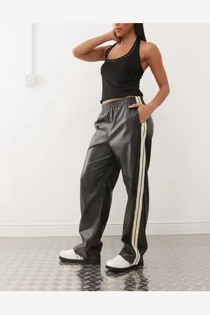 Noisy May Wide leg faux leather pants with side stripes in