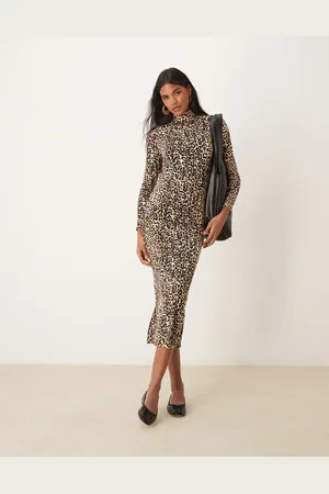 Miss Selfridge Soft touch long sleeve high neck maxi dress in leopard print