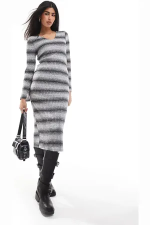 Pieces® V-neck long sleeve knit maxi dress in multi gray stripe
