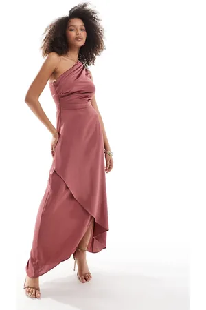 TFNC Bridesmaid one shoulder satin maxi dress in mulberry