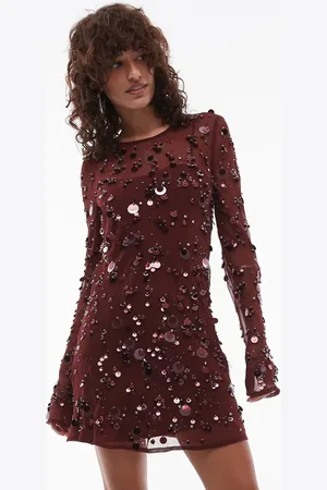Topshop Embellished long sleeve mini dress in burgundy
