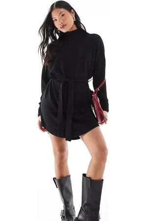Noisy May Tie waist high neck knit mini sweater dress in