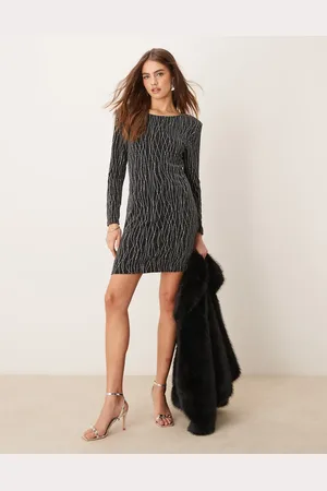 VILA O neck long sleeve mini dress in glitter