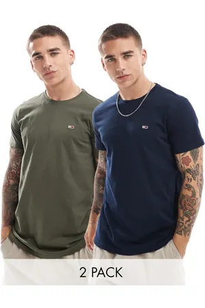 Tommy Hilfiger 2-pack slim flag logo T-shirts in dark khaki and navy