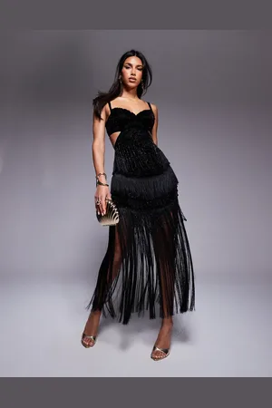 ASOS Embellished velvet fringe midi dress in