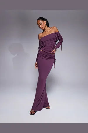 ASOS Premium modal fold over waist fishtail maxi skirt with side ruching in burgundy