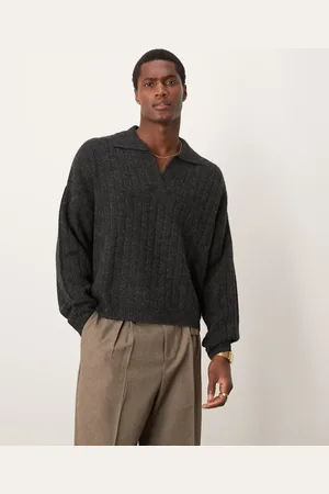 ASOS Knit oversized rib notch sweater in charcoal heather