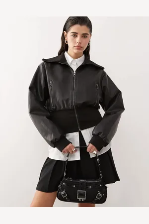 Lioness Cropped leather look elasticated hem bomber jacket in