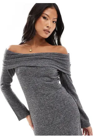 VERO MODA Supersoft off shoulder ankle dress in dark melange