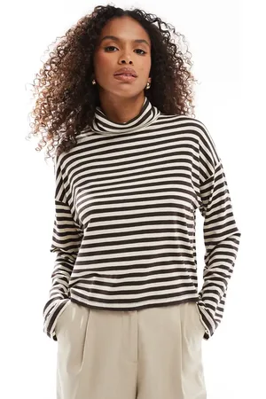 VERO MODA Aware roll neck jersey top in cream and brown stripe