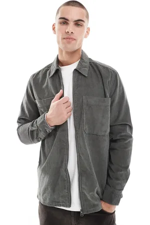Only & Sons Zip up cord overshirt in dark khaki