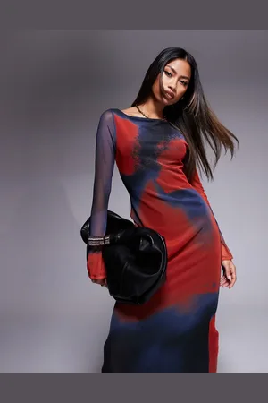 ASOS Mesh long sleeve high slash neck maxi dress in blurred print