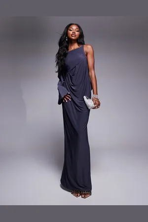 ASOS Slash neck long sleeve slouchy midi dress with rhinestone back trim in charcoal