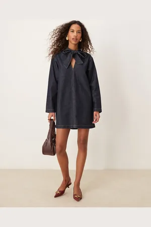 ASOS V neck denim dress with bow tie neck