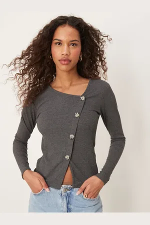 JDY Asymmetric ribbed button detail top in dark