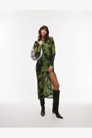 Topshop Blurred floral long sleeve midi dress in