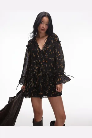 Topshop Poet sleeve frill mini dress in floral print