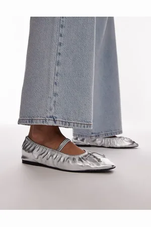 Topshop Chia leather ruched ballet flats with strap in