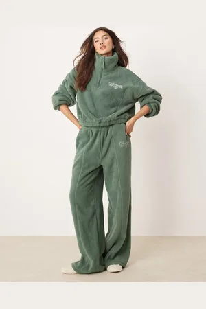 ASOS Lounge microfleece zip collar sweat & wide leg set in khaki with contrast trim