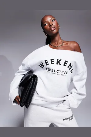 ASOS Weekend Collective off shoulder sweatshirt with logo embroidery in ice heather
