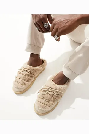 ASOS Chunky slippers in cream faux fur with laces