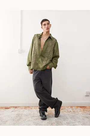 Reclaimed Boxy satin shirt with embroidery in khaki