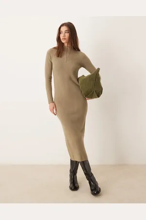 MANGO Zip neck knit midi dress in