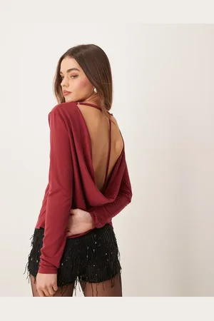 ASOS Long sleeve modal top with drape cowl back detail in burgundy