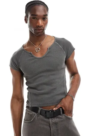 Reclaimed Shrunken ribbed T-shirt with notch neck in washed charcoal