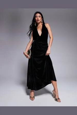 ASOS Velvet deep plunge midi dress with draped sash detail in