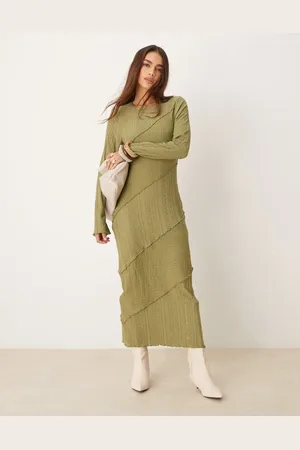 Miss Selfridge Mixed texture long sleeve dress in olive