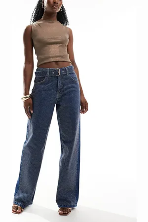 ASOS Rhinestone embellished baggy wide leg jeans in gold and mid