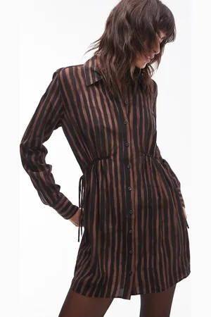 Topshop Ruched side shirt mini dress in brown stripe print